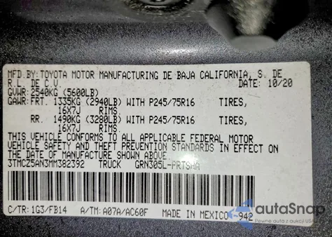 2021 Toyota Tacoma Double Cab z USA, uszkodzony, nr VIN 3TMCZ5AN3MM382392